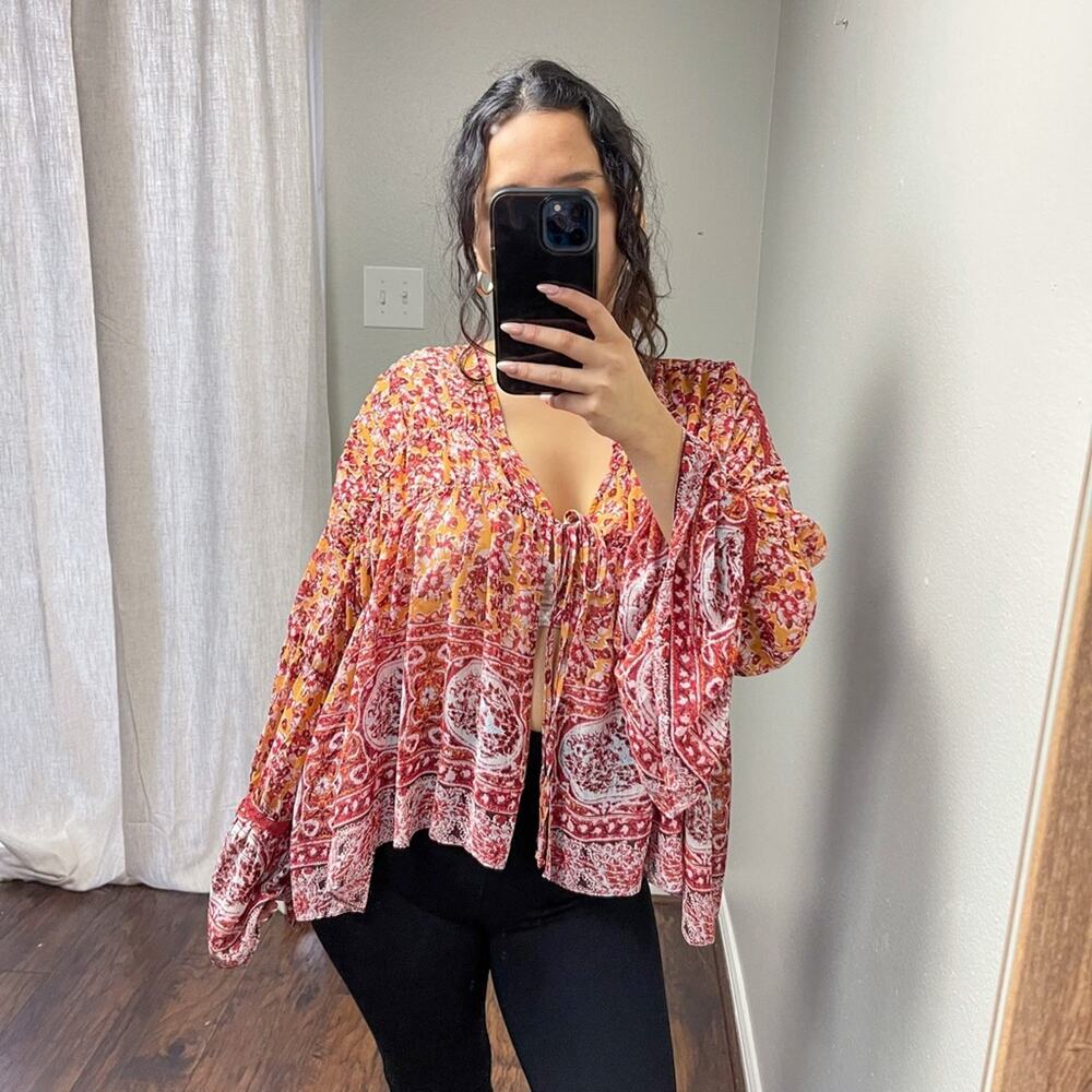 NWT Free People Lorraine Tiered Tie Front V-neck Kimono Boho Top Size Small